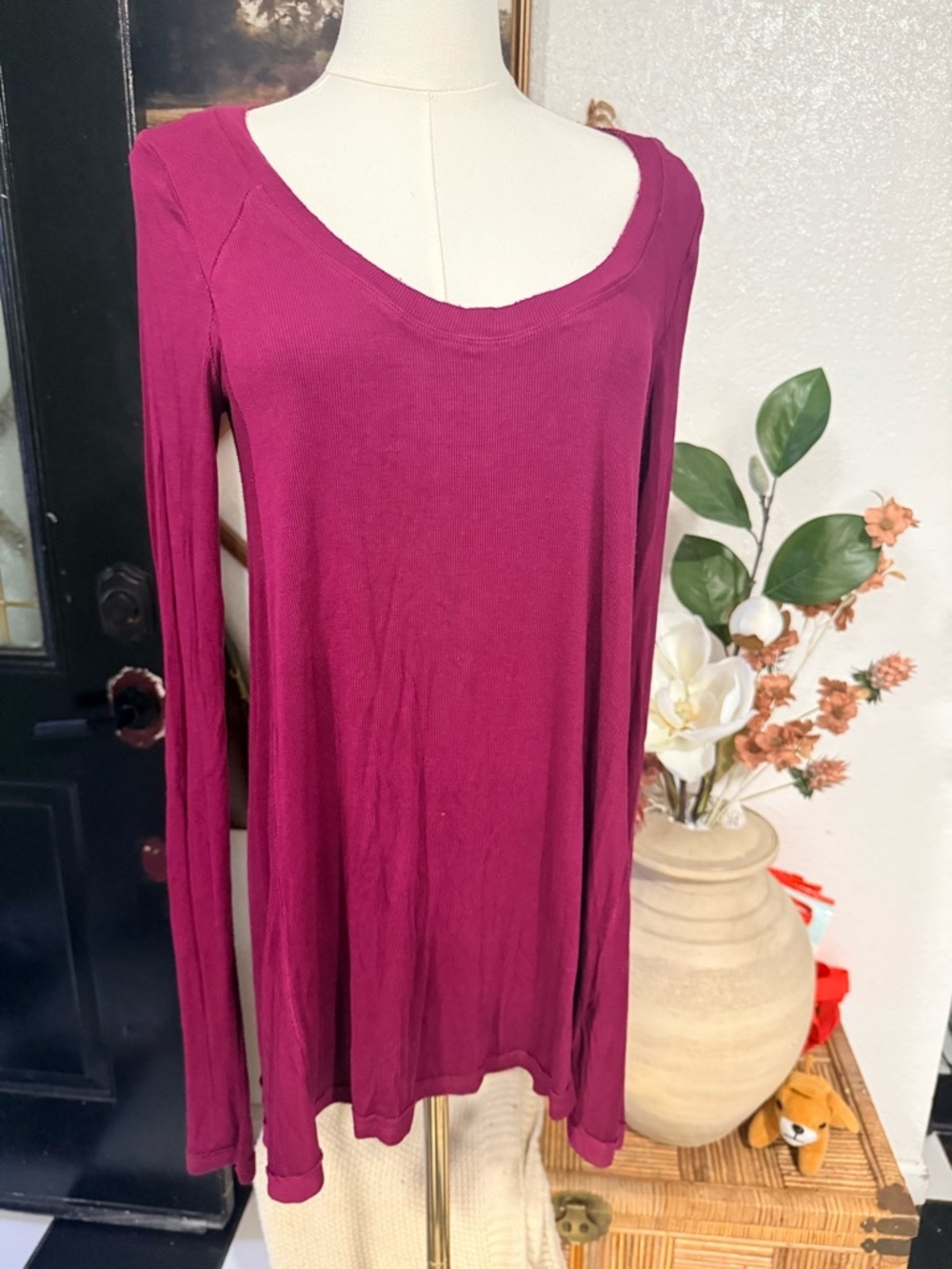 Free People Long Sleeve V-Neck Top - Berry Plum